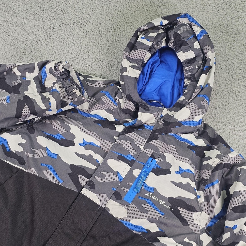 Eddie Bauer Ski Jacket Kids 10/12 Gray Blue‎ Camo Hooded Insulated Snow Winter